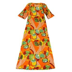 Vintage 70s Malihini Hawaii Psychedelic Floral Maxi Dress Tiki Boho Retro Size 8
